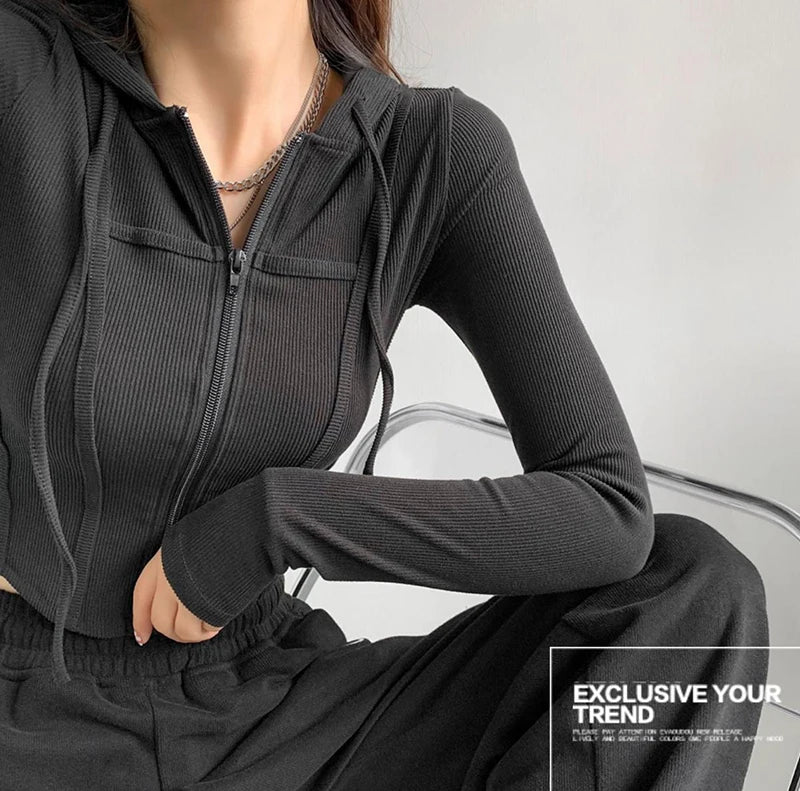Thin Hooded Cardigan Women Korean Vintage Slim Summer Solid Sports Jacket Vertical Pit Stripe Zipper Female Sexy Cropped Tops