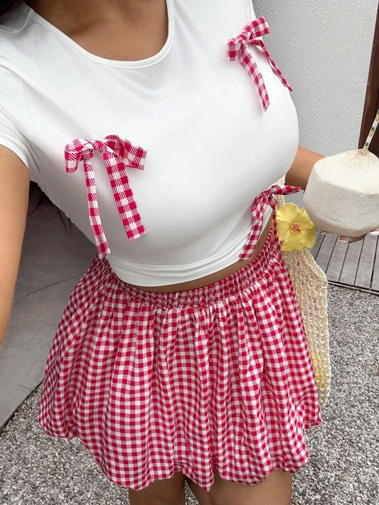 Plus size vacation spring and summer Spice Girls Plaid Butterfly Knot Short Sleeve Pod Skirt Slim Set Fashion