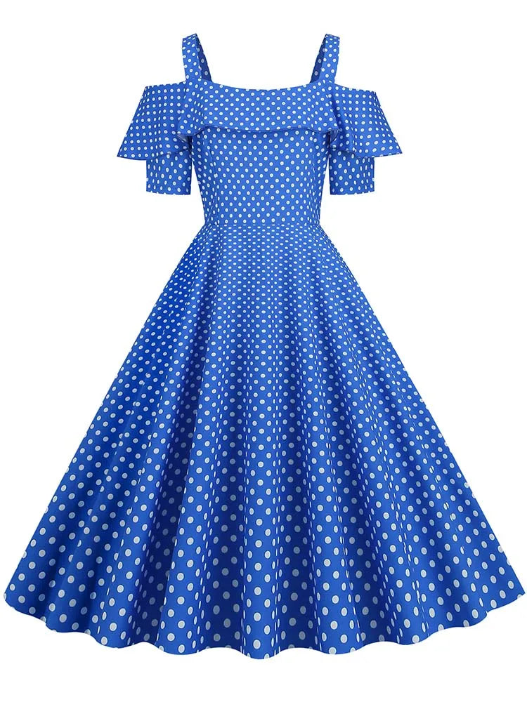 Off the Shoulder Elegant Vintage Party Dress Women Summer Polka Dot Ruffles A Line Midi Dresses Badiee Stylez