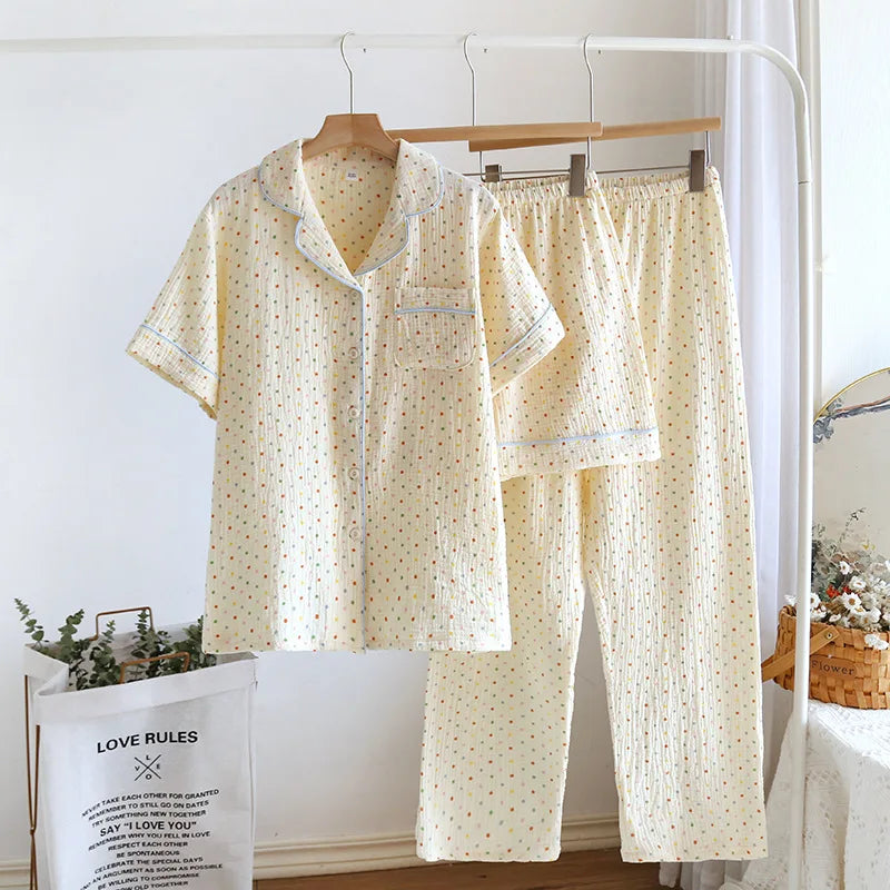 2025 New Summer Women's Pajama Set 100% Cotton Crepe Short Sleeve+Shorts+Pants 3-Piece Pajama Women's Cardigan Home Clothes 01