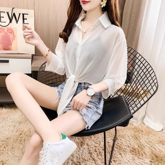Xpqbb Summer Sun Protection Shirts Ladies Solid Color Tied Waist Half Sleeve Button Blouse Women Casual Loose Chiffon Shirt