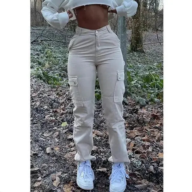 Women High Waist High Elastic Solid Jeans 2023 New Autumn Jeans Women Workwear with Pocket Denim Straight-Leg Pants Cargo Pants Greige