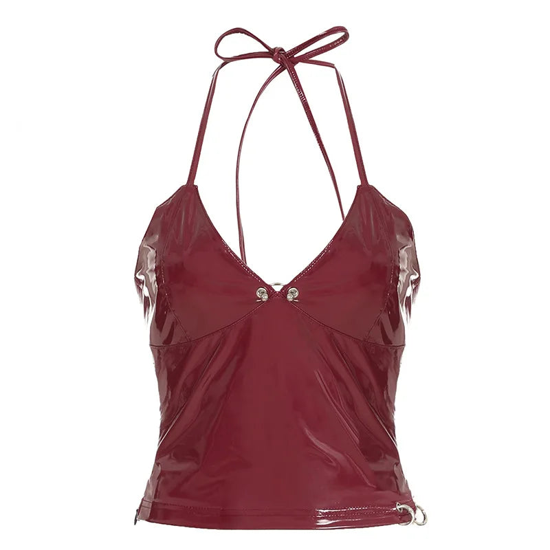 New y2k Solid Metal Button Women’s Halter Tops Sleeveless Pu Leather Punk Baddie Slim Women Blouses Streetwear Clothing Crop Top