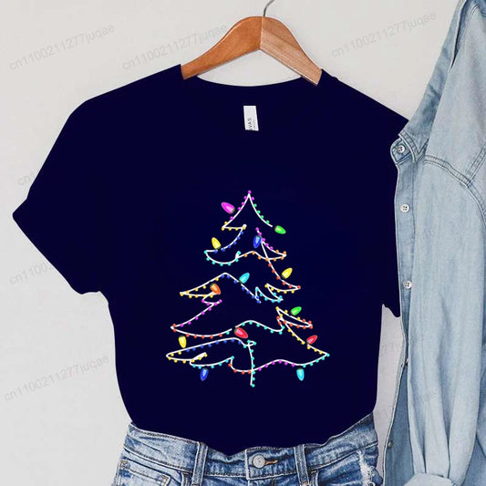 Women's Casual T-Shirts Christmas Lights Xmas Tree Print T-Shirt Christmas Party Design Tops Short Sleeve Ladies T Shirts Tops