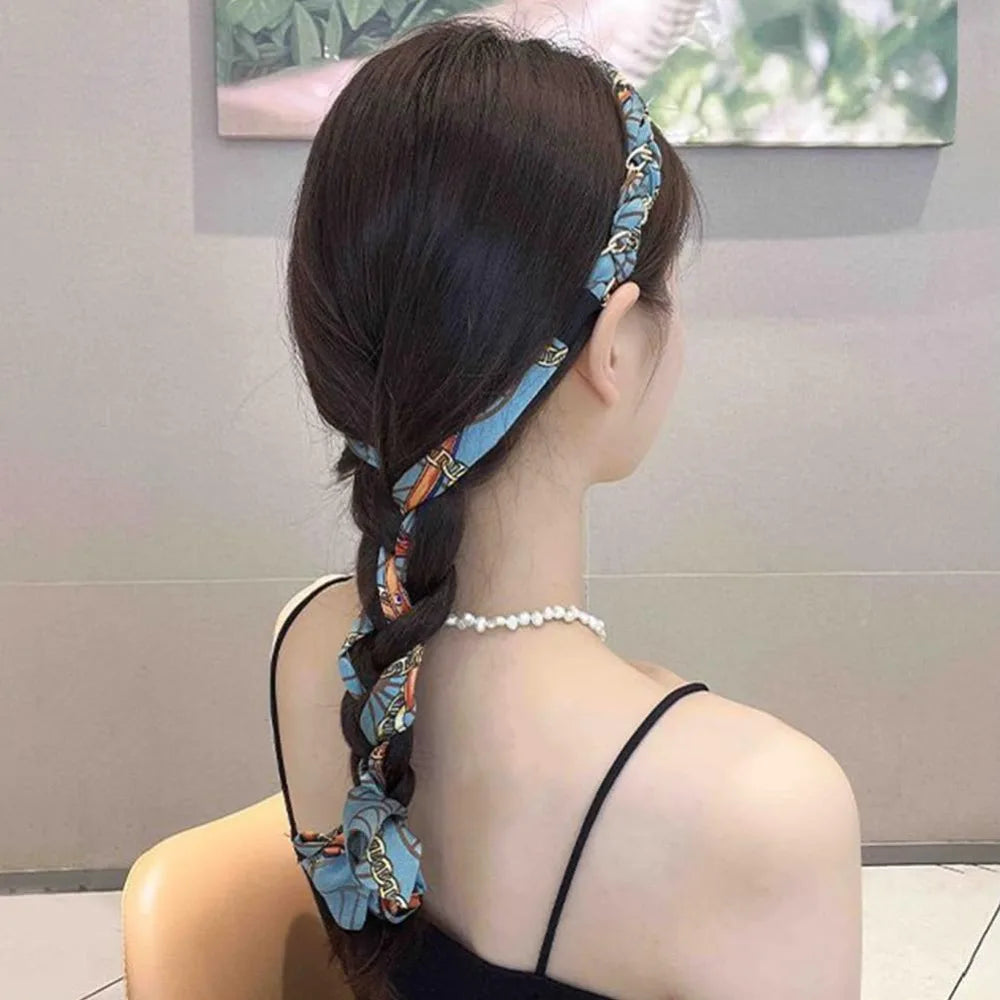 Retro Silk Scarf Headband Floral Print Pearl Braided Hairband Adjustable Bow Non Slip Ribbon Hairband for Women Girls Kid