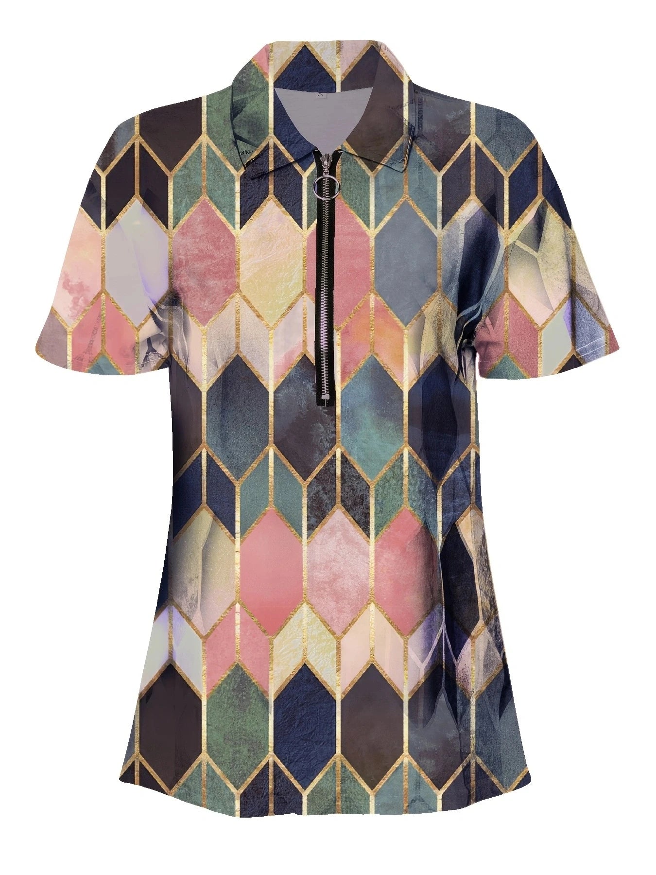 Versatile All-Season Women's Polo Shirt- Easy-Care,Stretch Comfort with Stylish Zip and Geometric Design for Everyday Casual Wea