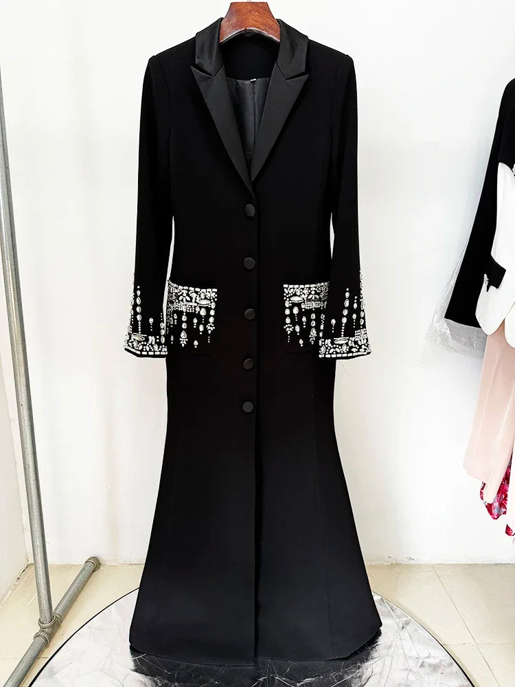 HIGH STREET Newest 2025 Designer Fashion Women's Long Sleeve Notched Collar Rhinestone Diamonds Beading Maxi Long Dress Badiee Stylez