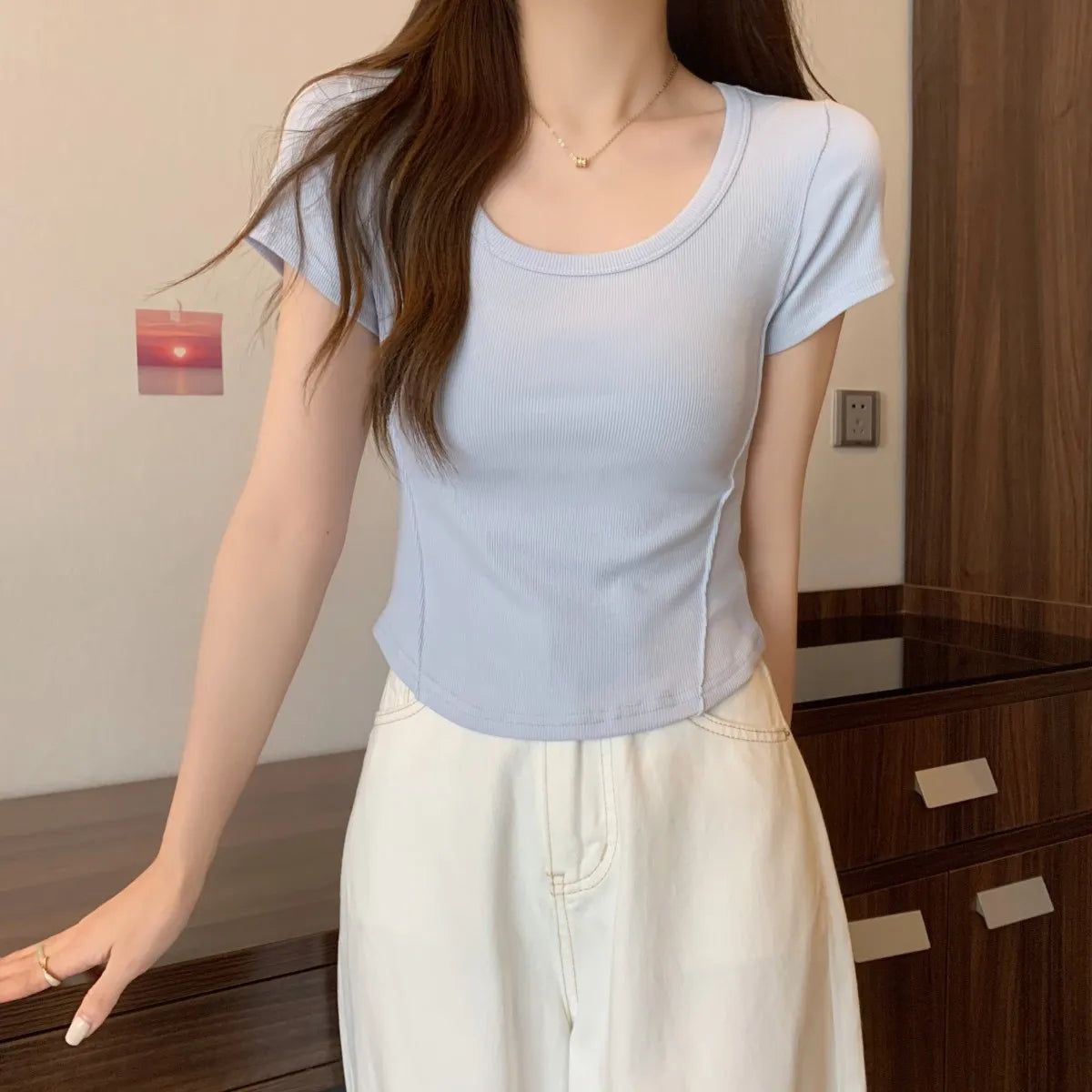 Y2K T-shirt Women V-neck Irregular Short Sleeve Crop Top New Korean Fashion Slim High Waist Solid Tee Shirt Woman Sexy Clothes Blue