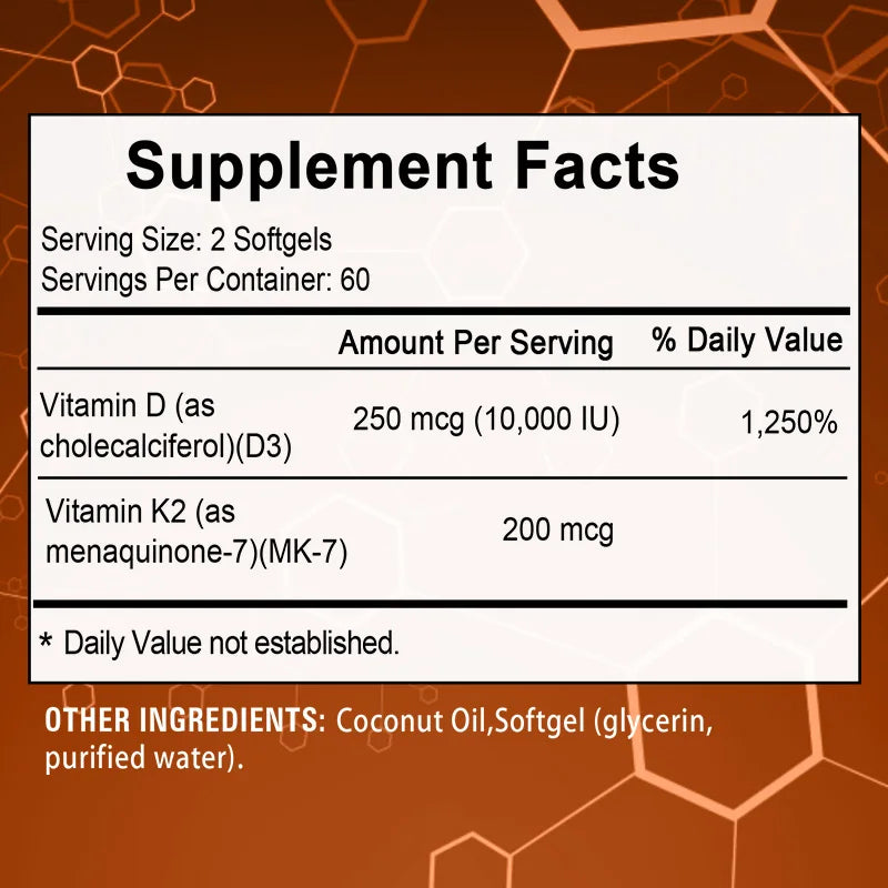 Vitamin D3 & K2 Capsules 10,000IU Vitamin D3 300mcg 200mcg K2 Supports Heart, Brain, Immune and Joint Health