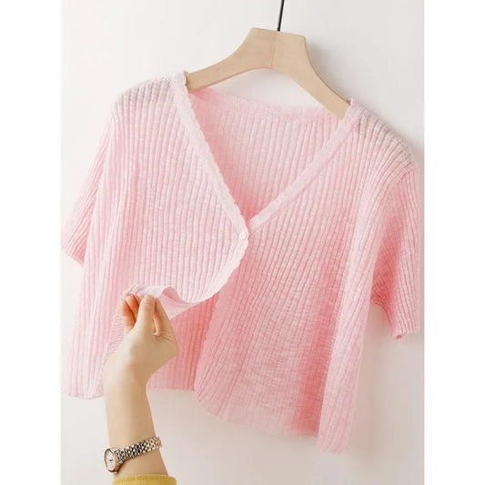 Ice Silk Knitted Cardigan Women's Summer Thin Short-sleeved Outer Wear Sun Protection Short Versatile Simple Commuter Top