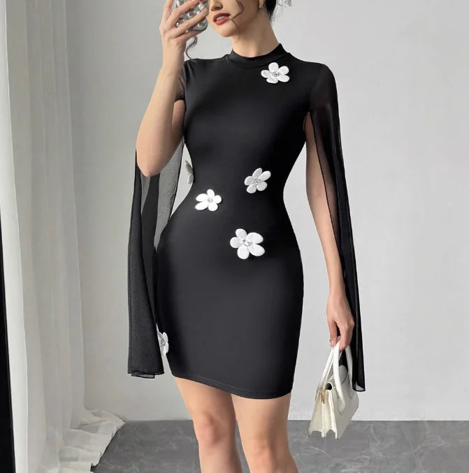 Sexy Elegant Evening Party Dresses Round Neck Pit Stripe Pearl Chiffon Cape Sleeve Wrapped Hip Dress New Fashion 2025 Casual B