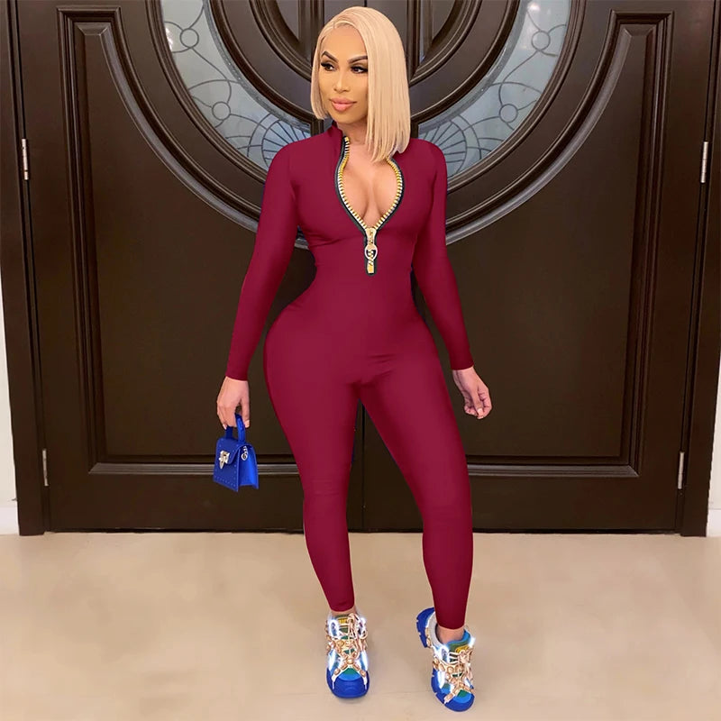 Women's Bodycon One-piece Jumpsuit Long Sleeved Big Zipper Female Casual Sport Workout Skinny Activity Wear Overalls Tops Badiee Stylez