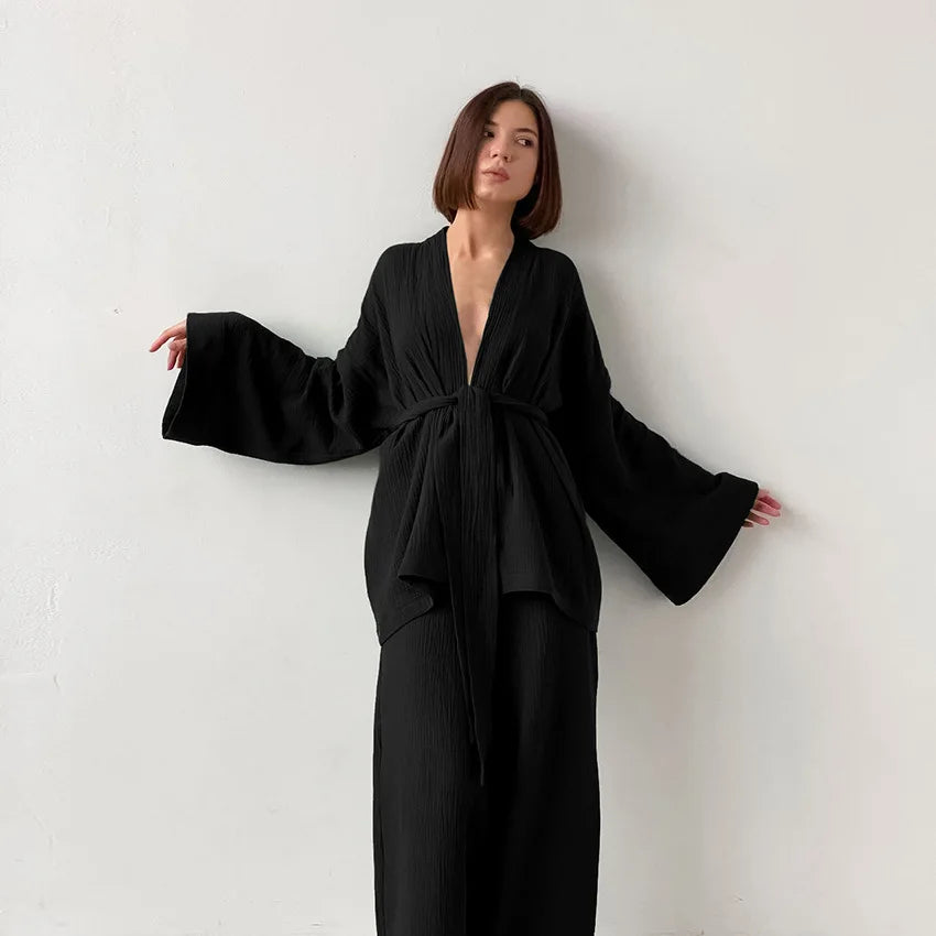 NHKDSASA Kimono Pajamas 2023 New 100% Cotton Crepe Long-Sleeved Trousers Ladies Sleepwear Suit Women's Home Service Mujer Black