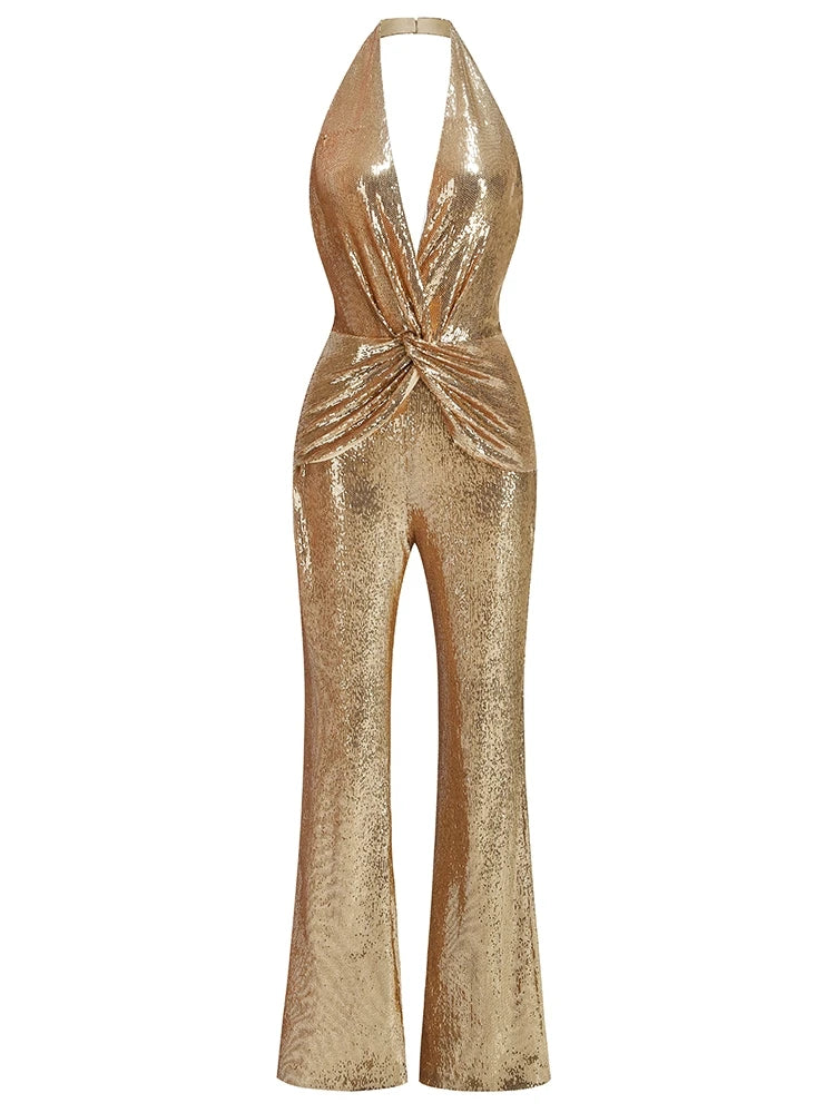 Women's Sleeveless Gold Sequin Jumpsuit Sexy V Neck Sparkle Sequined High Waist Wide Leg Pants Jumpsuit Celebrity Evening Party Badiee Stylez