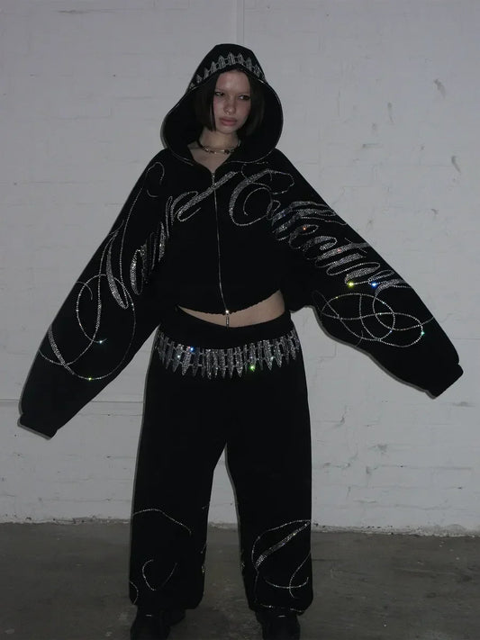 Retro Sequined Short Zipper Hoodie Sweatpants Two Piece Set Y2K Sportswearletter Sequined Oversized Sweatshirt Casual Pants Suit