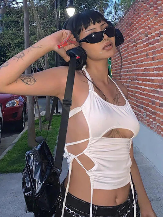 Y2K Sexy Backless Summer Crop Top Women Hollow Out White Sleeveless Bandage Halter Tank Tops Streetwear Cami 90s