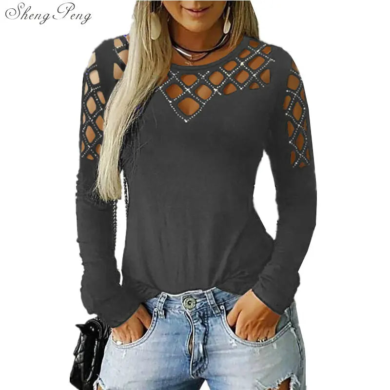 Fashion Hollow Bling Blouse Casual Sexy Rhinestone Solid Top Female Women Tops Long Sleeve Shirt Blusa Pullover 5XL V1755 5