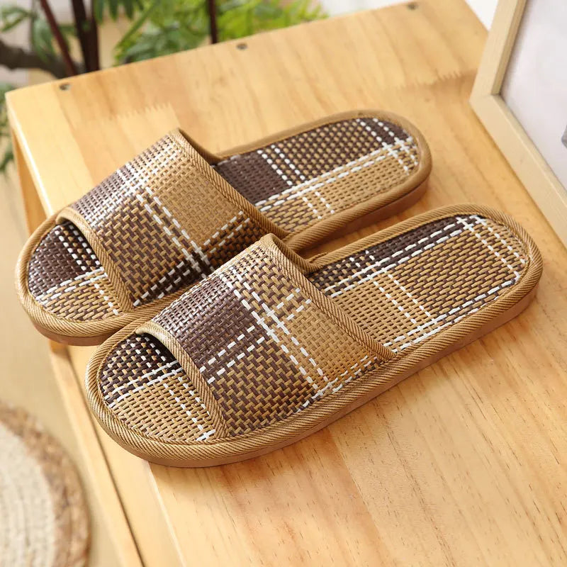 Bamboo Rattan Grass Summer Home Couple Wholesale Street Stall Indoor Thickened Soft Bottom Wooden Floor Home Linen Slippers Fangchui