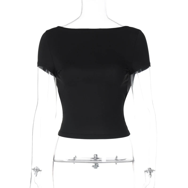O Neck Short Sleeve Backless Ruched Crop Top Women'S Tshirt Y2K Streetwear Summer Spring Dropshipping Casual Clothing