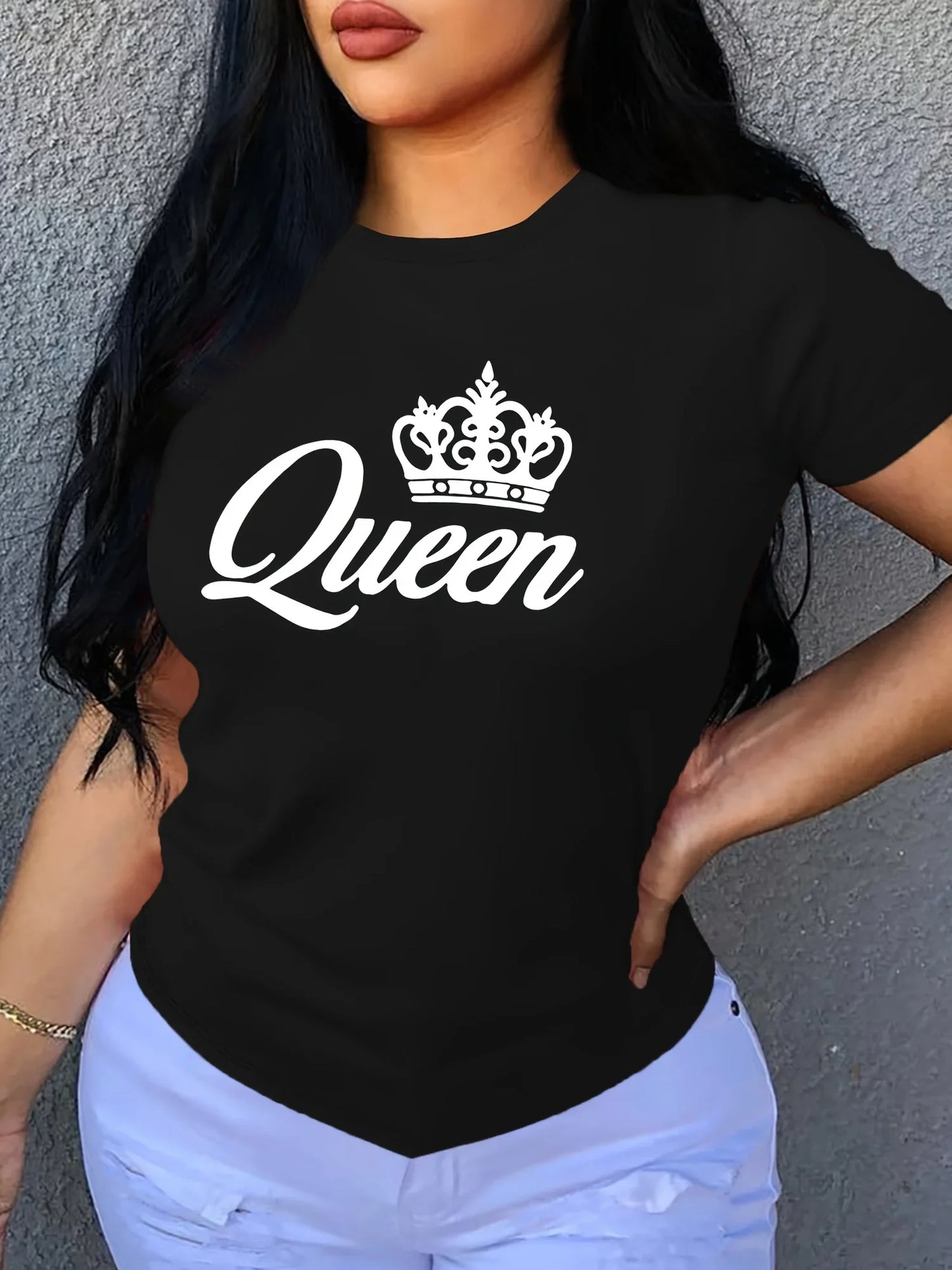 Short Sleeve Crown Letter Print Crew Neck T-Shirt for Spring & Summer Casual Women's Clothing DM1368A-Black