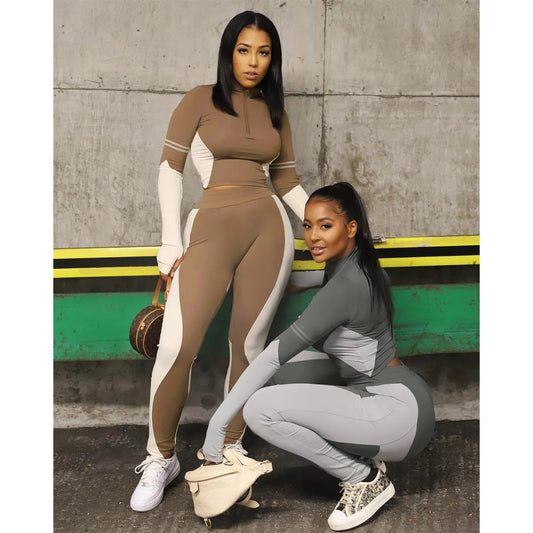 Y2K Color Matching Women'S Set Sweatsuit Two Piece Outfits Ladies' Standing Collar Sports Suit Slim Fit Long Sleeved Long Pants Badiee Stylez