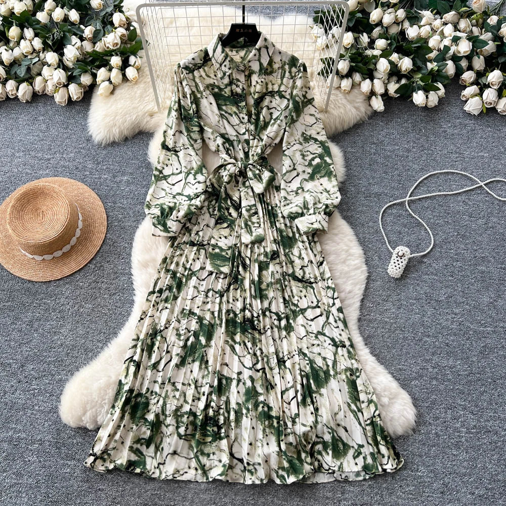 Chic vintage long sleeve turn-down collar button pleated Elegant Fairy korean fashion Boho women clothing Long dress Green One Size