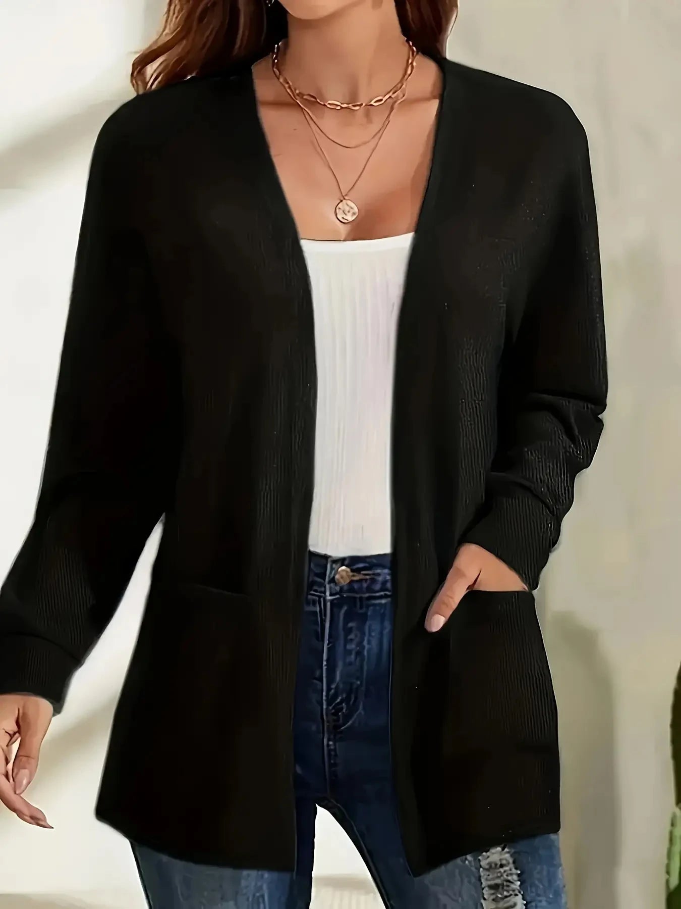 Autumn chic casual solid color pocket thin plus size women's jacket cardigan black