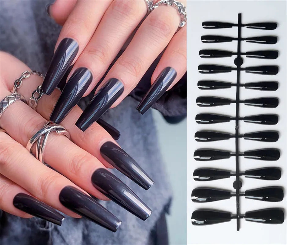 Red Black Gradient Press on Nails Medium Length Coffin Fake Nails with Sticky Tabs Ballerina False Nails Tips for Women 24Pcs Y-14