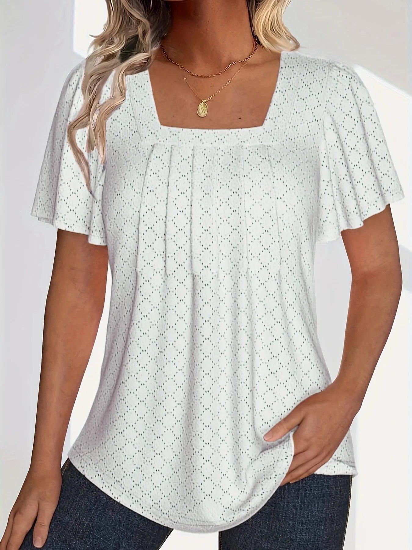 Plus size spring and summer fashionable and elegant hollow tops for women office wear loose ruffle sleeves versatile tops for White