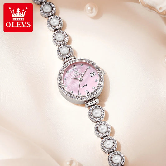OLEVS 5635 Fully Diamond Pearl Hand Chain Watch Fashion Elegant Waterproof Women's Watches Original Quartz Wrist Watch for Women