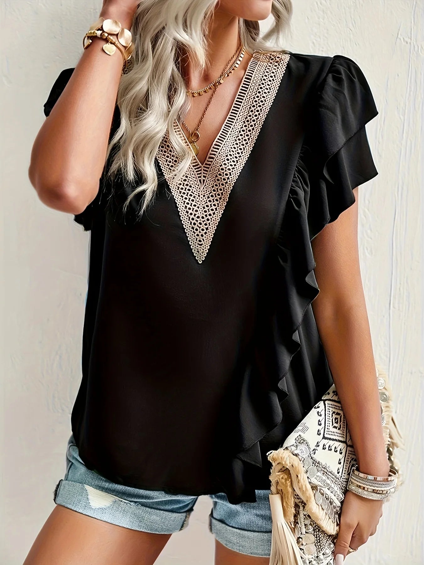 Women's oversized woven casual summer solid color shirt black