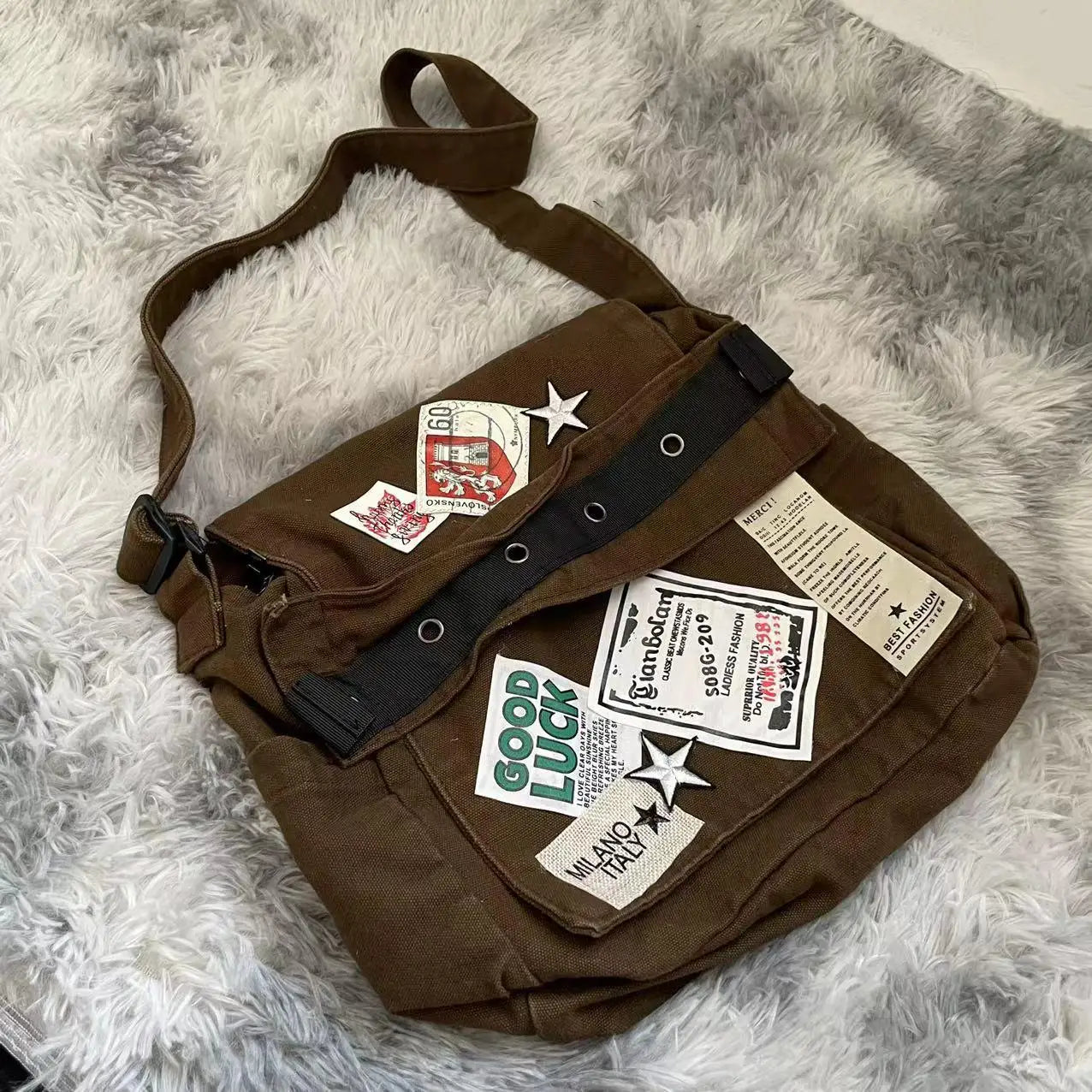 Y2k Vintage Canvas Messenger Bag Casual Preppy Crossbody Punk Patchwork Star Patch Shoulder American Fashion Retro Women Handbag Brown 30x27x15cm