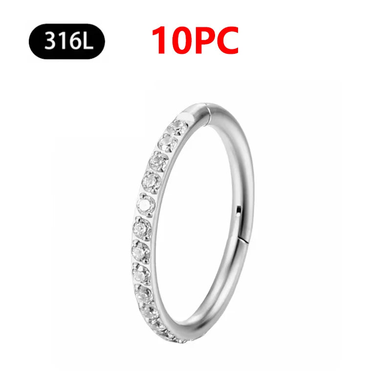 1/10Pc Stainless Steel Nose Ring CZ 16G Hinged Septum Clicker Segment Ear Tragus Cartilage Daith Lip Nose Body Piercing Jewelry 10Pc Silver Zircon