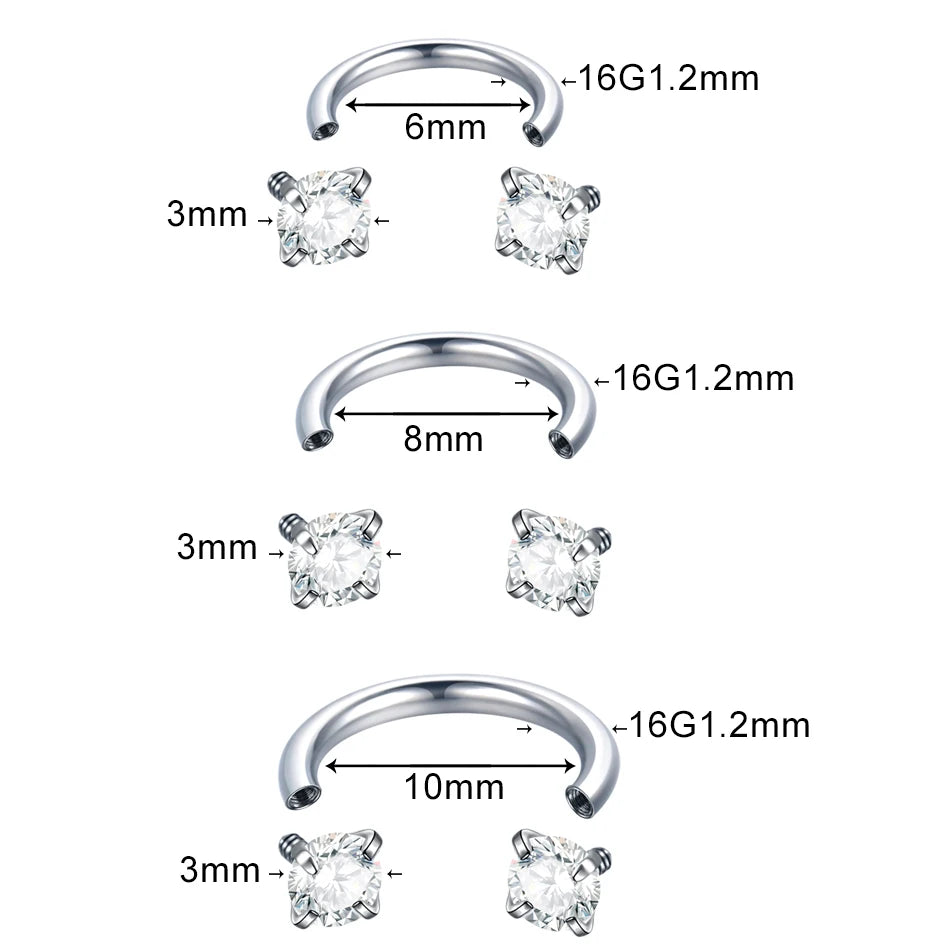 1PC Titanium Nose Horseshoe Ring Nose Septum Piercing Prong Set Round Zircon Ear Cartilage Tragus Daith Body Piercing Jewelry