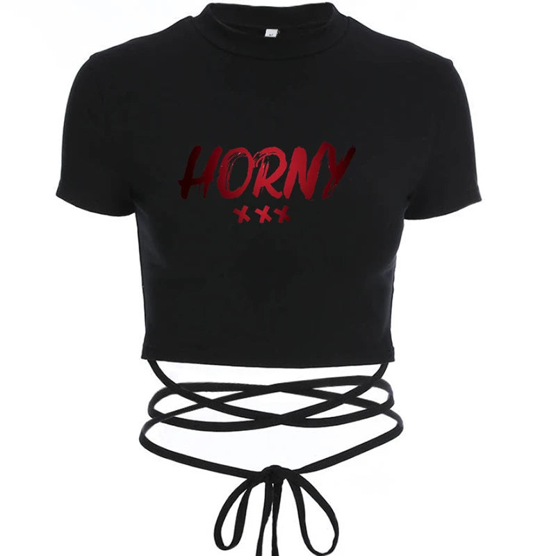 HORNY Sexy TShirt Women Black Short Crop Bandage Tee Tops Summer Fashion Girls Casual Short Sleeve Female Shirt Harajuku