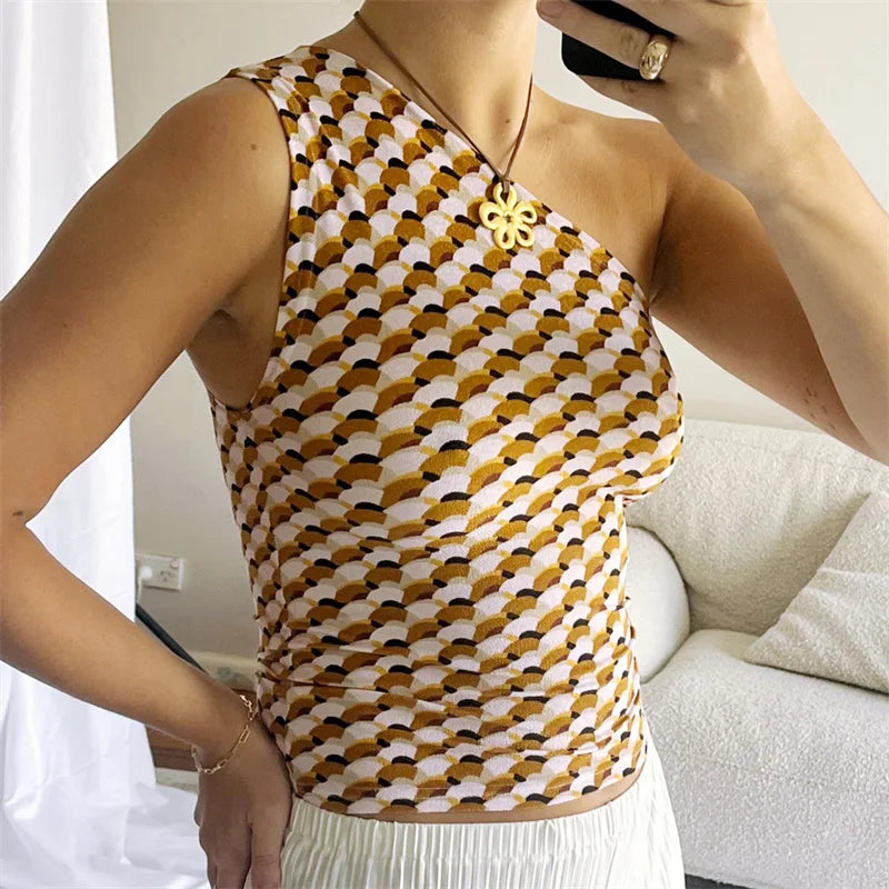 Xingqing One Shoulder Tank Top for Women Floral Print Sleeveless Backless Vest Cropped T Shirt y2k Aesthetic Clothing Streetwear