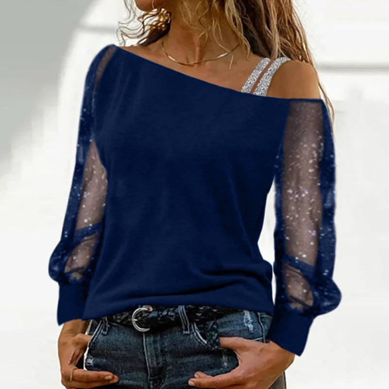 Fashion Slash Neck T Shirt Women Perspective Shiny Long Sleeves Tees Silver Strap Off Shoulder Pullover Streetwear Tops