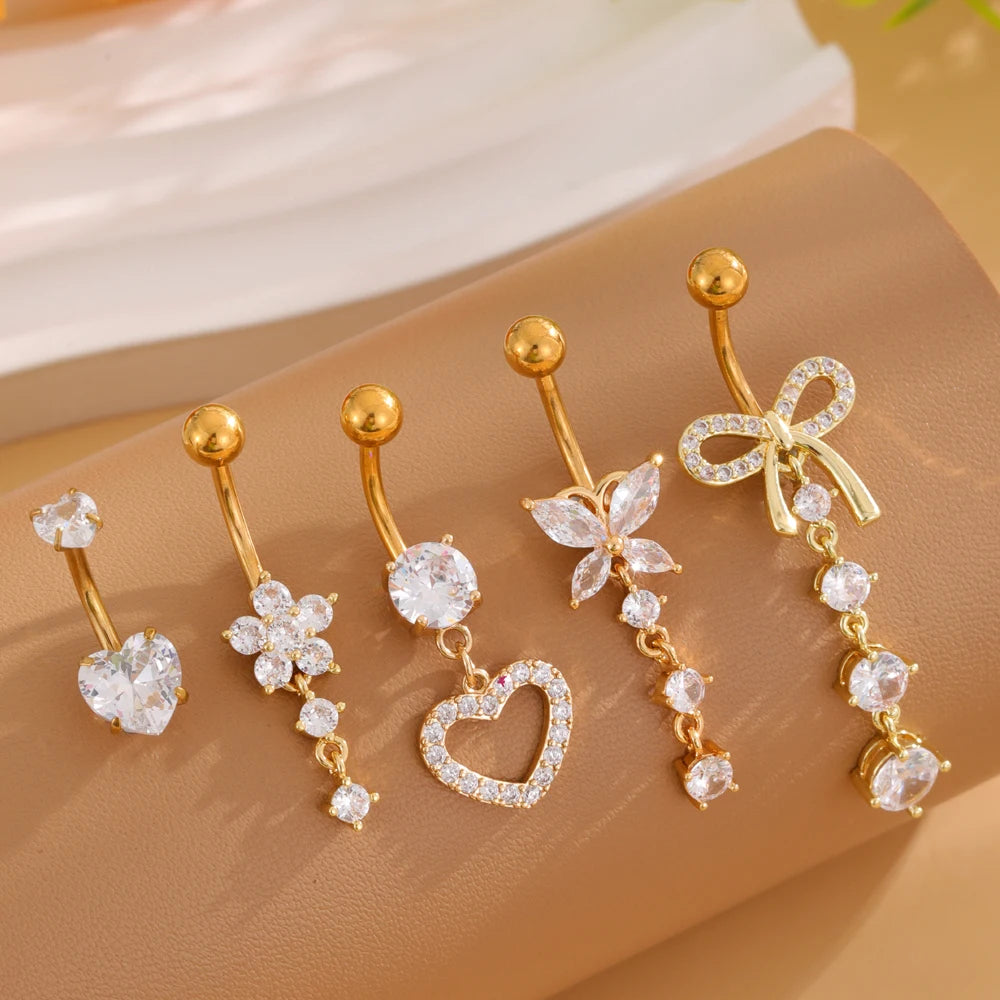 14G Gold Color Series Butterfly Dangled Belly Piercing Sets 5PCS/Lot Heart Flower Curved Navel Navel Ring Belly Button Rings Style 2