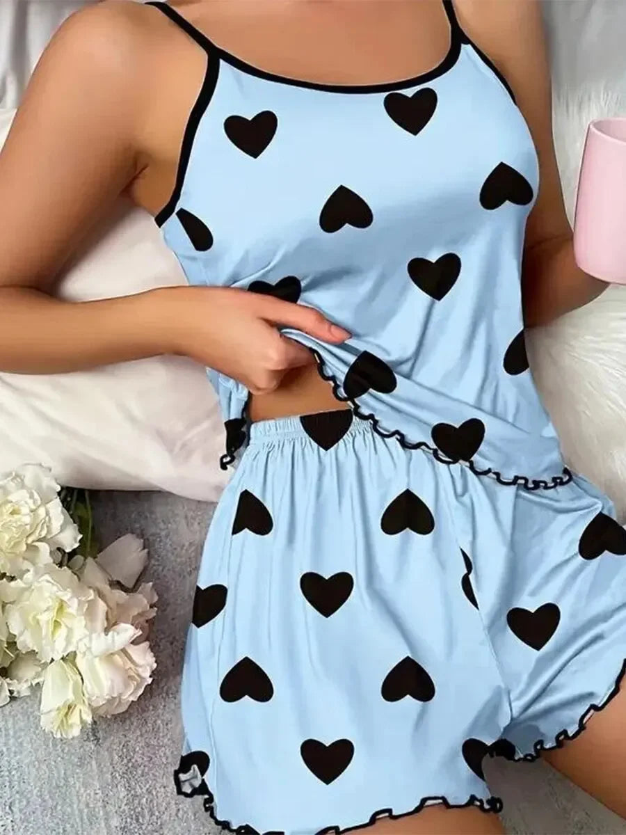Summer Two-piece Pajamas Set for Women Sleepwear Sexy Lingerie Casual Camisole Tops and Shorts Homewear Suit Loungewear Blue