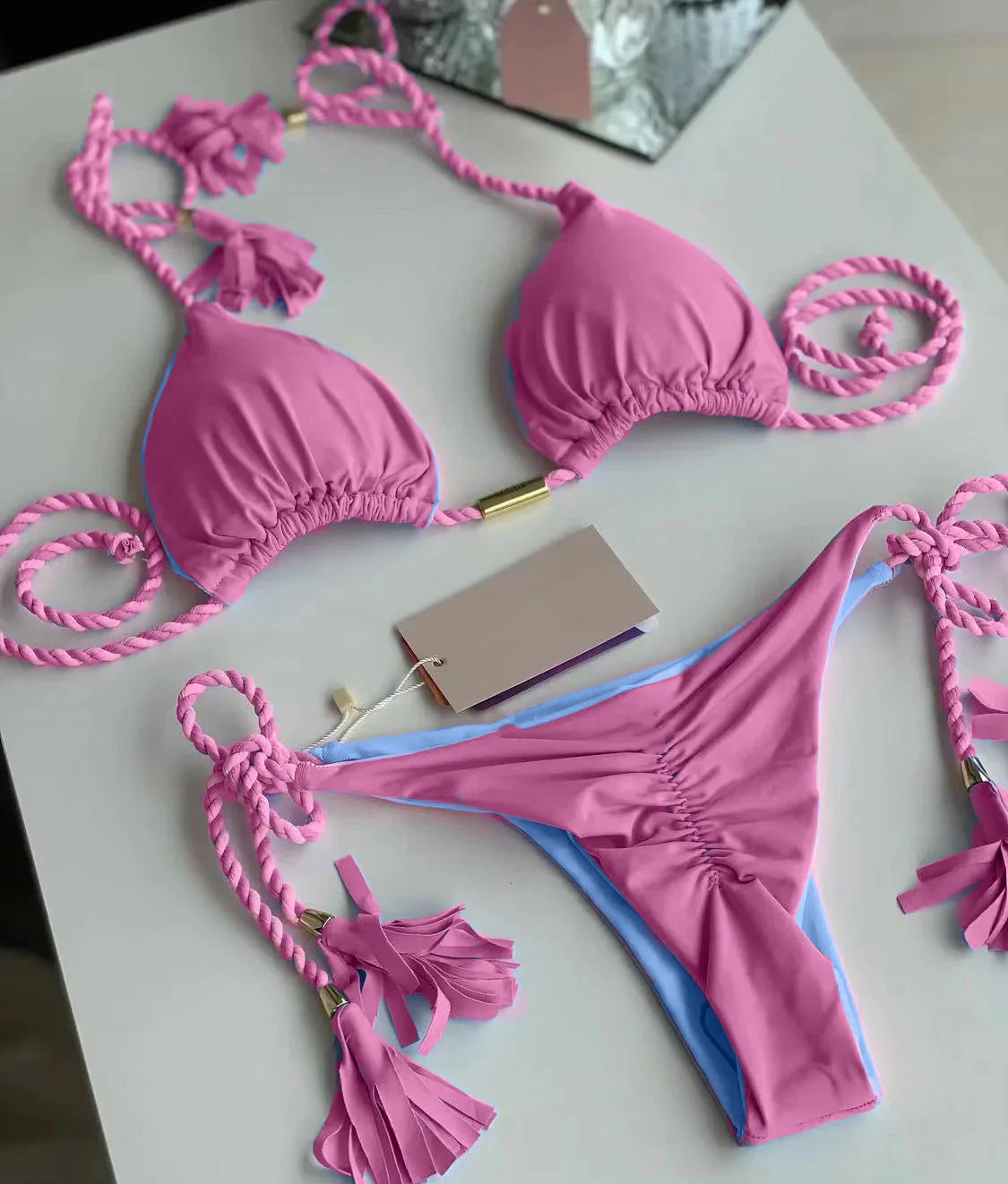 New Women Bikini Backless Rope Triangle Swimsuit Multicolor 8234-1