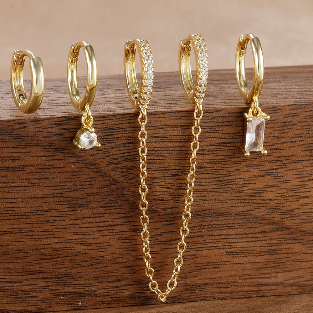 4PCS Exquisite Stainless Steel Long Chain Pendant Earrings Set for Woman Little Huggies Hoop Earrings Cartilage Piercing Jewelry gold-white-4pcs