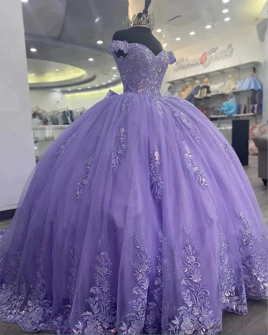 ANGELSBRIDEP Shiny Lavender Quinceanera Dresses With Bow Floral Lace Off-Shoulder Vestidos De 15 Anos Birthday Party Customized Badiee Stylez