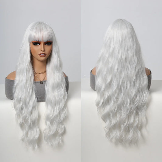 Super Long Curly Silver Synthetic Wig with Fluffy Bangs White Water Wave Hair Wigs for Women Daily Use Cosplay Colored Hair Wig