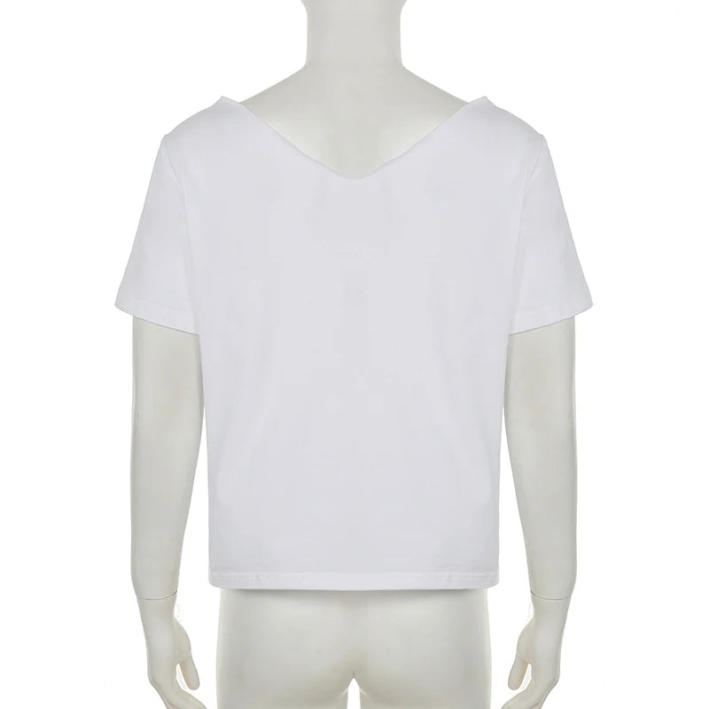 Cuteandpsycho Casual Sexy Crewneck Cropped Tops Slim Streetwear Summer Elastic Vintage Tees Short Sleeved Y2k Punk Clothings
