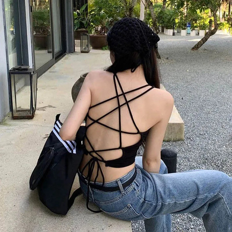 Y2K Women's Tops Backless Crop Top Sleeveless Sexy Cute Black Vest Tank Top Summer Cropped Vest Female 2000S Clothing