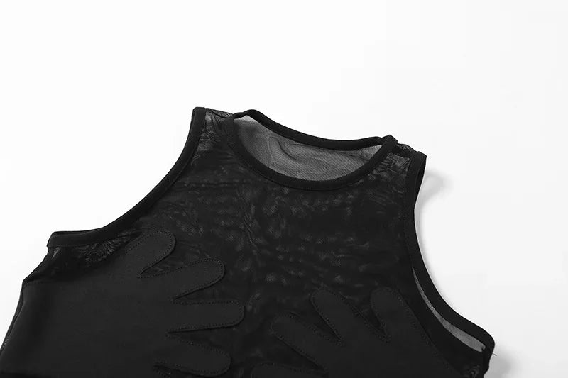 Fashion Round Neck Sleeveless Y2k Top Sexy Net Yarn Slightly Sheer Women Clothing High Stretch Embroidery Streetwear Crop Top