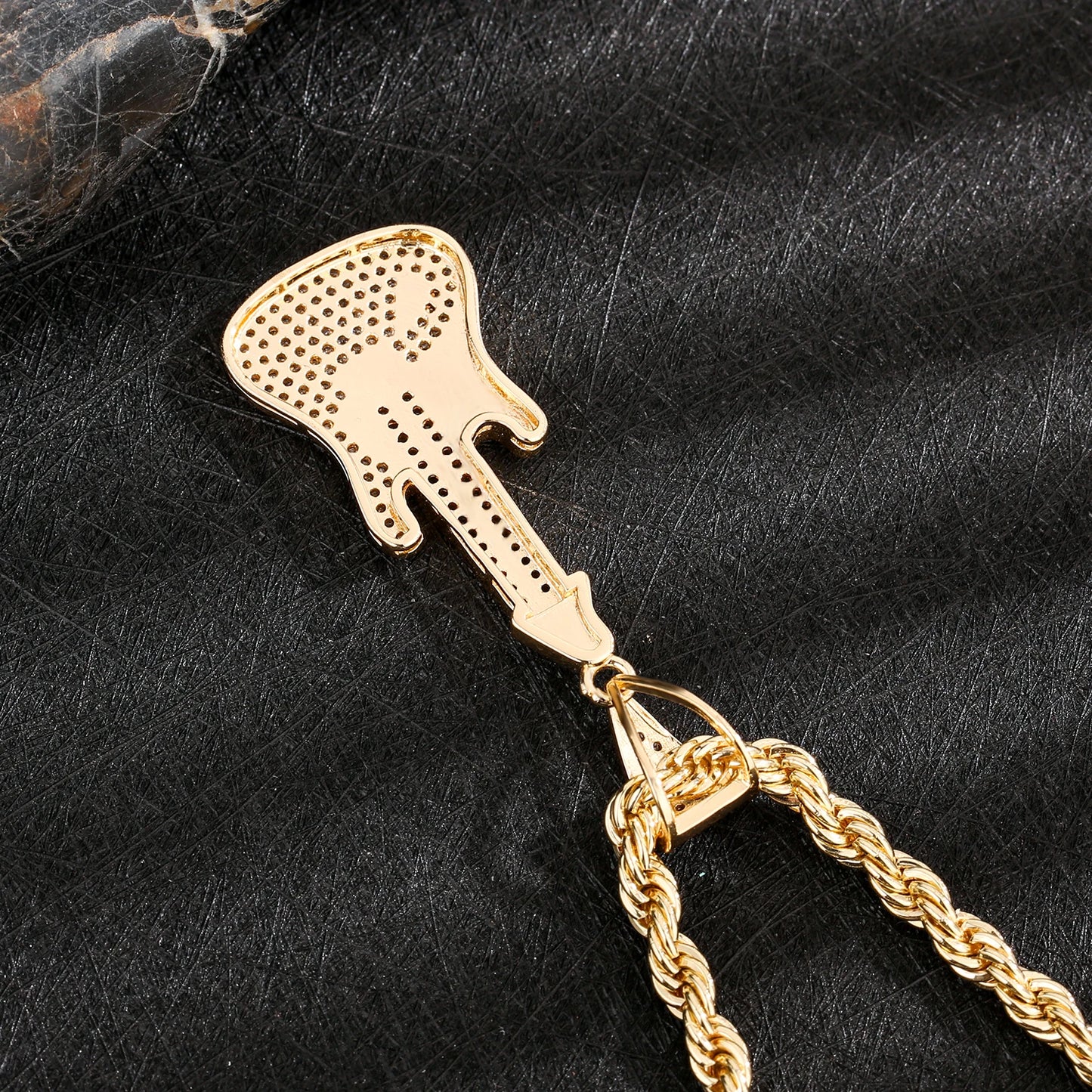 Brass Guitar Pendant Necklace 14K Gold Plated with Zircon Stones Y2K Minimalist Musical Jewelry Hot Trendy Accessory