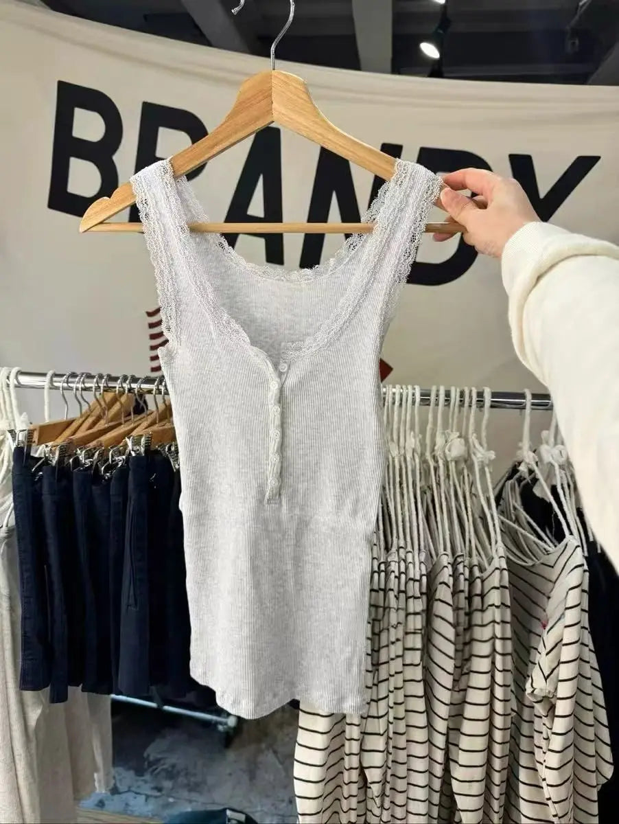 Lace Trim Solid Ribbed Tank Top for Woman Spring Buttons U Collar Sleeveless Slim Camis Simple Cotton Basic Vest Sweet Y2k Tops GRAY One Size