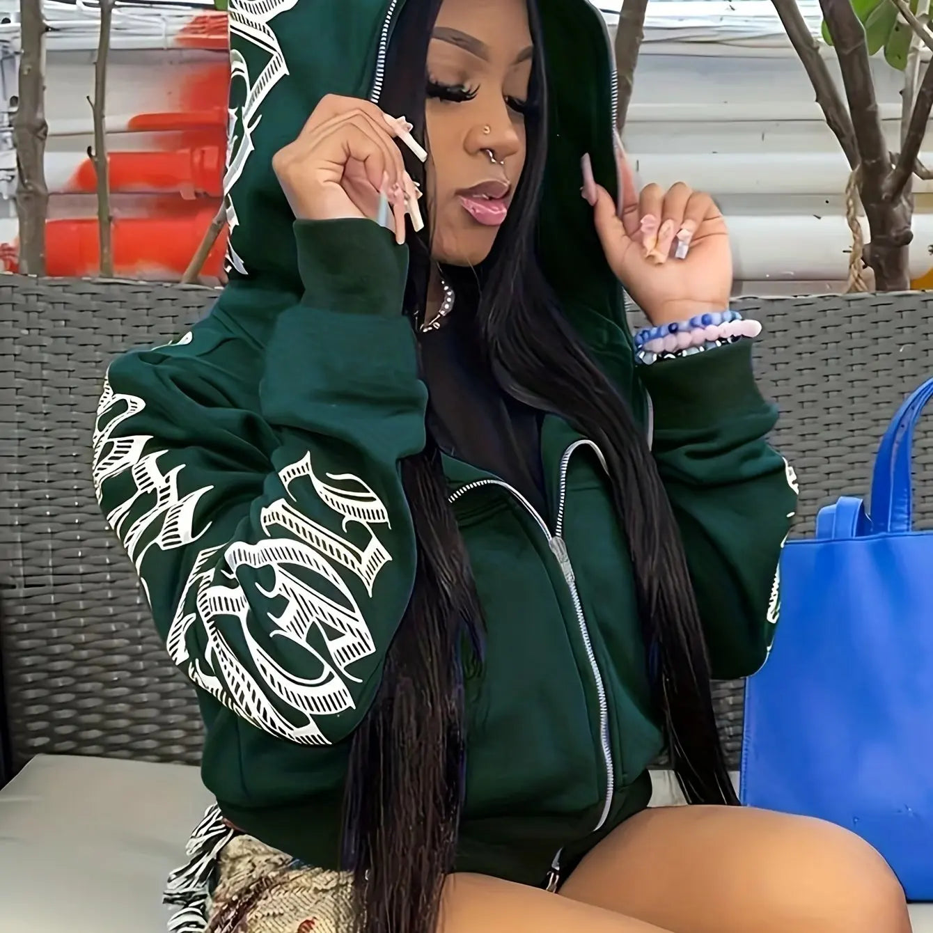 Letter Print Long Sleeve Zip Up Hoodies, Cyber Y2K Gothic Punk Sweatshirt, Women's Clothing green
