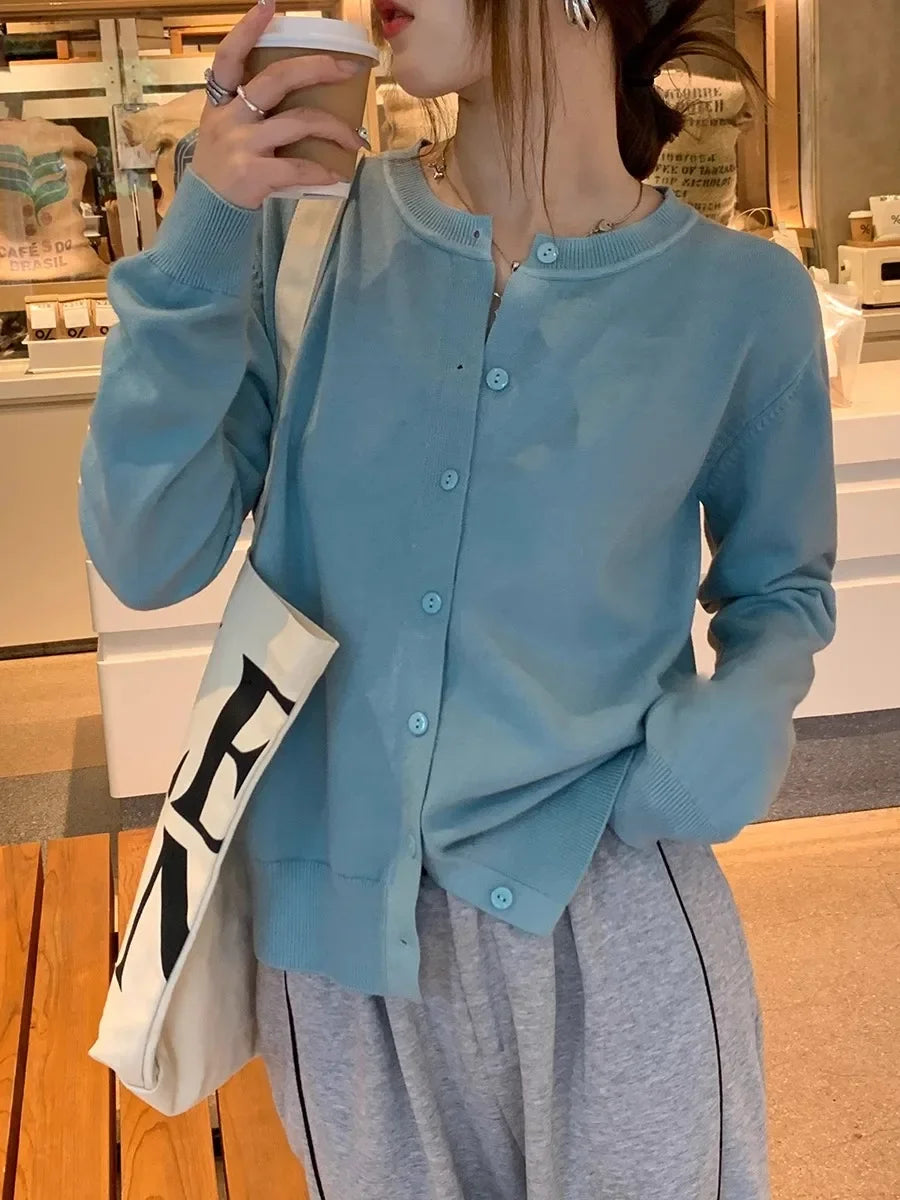 New 2025 Spring Summer Knit Cardigan O-Neck Solid Color Fashion High-Grade Comfortable Slim Casual Knitwear Tops blue One Size